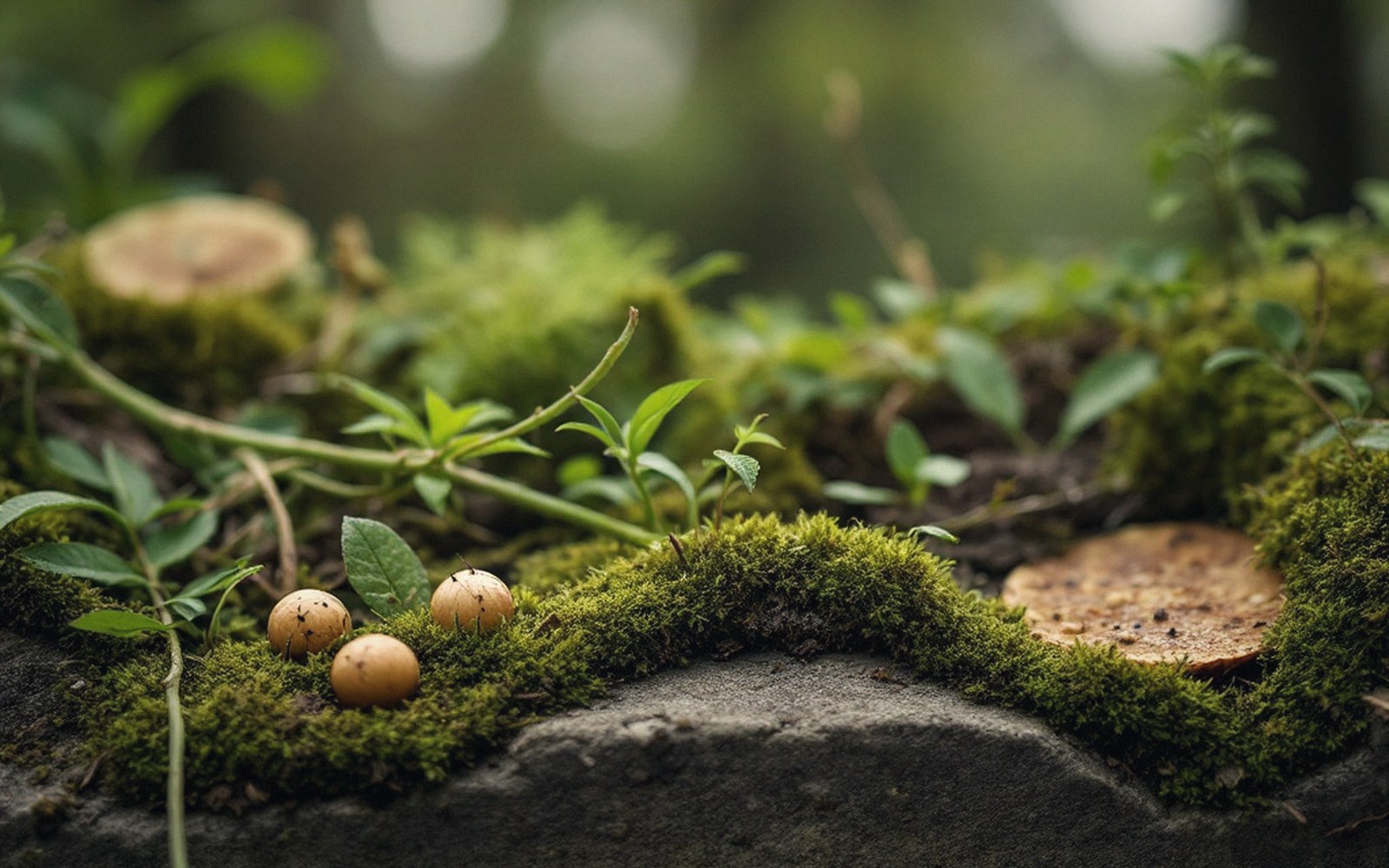 Small mushrooms and seedlings sprouting from moss-covered rock after a forest fire