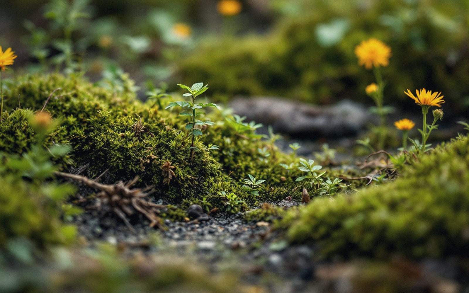 Small yellow wildflowers bloom among moss-covered ground and tiny green seedlings