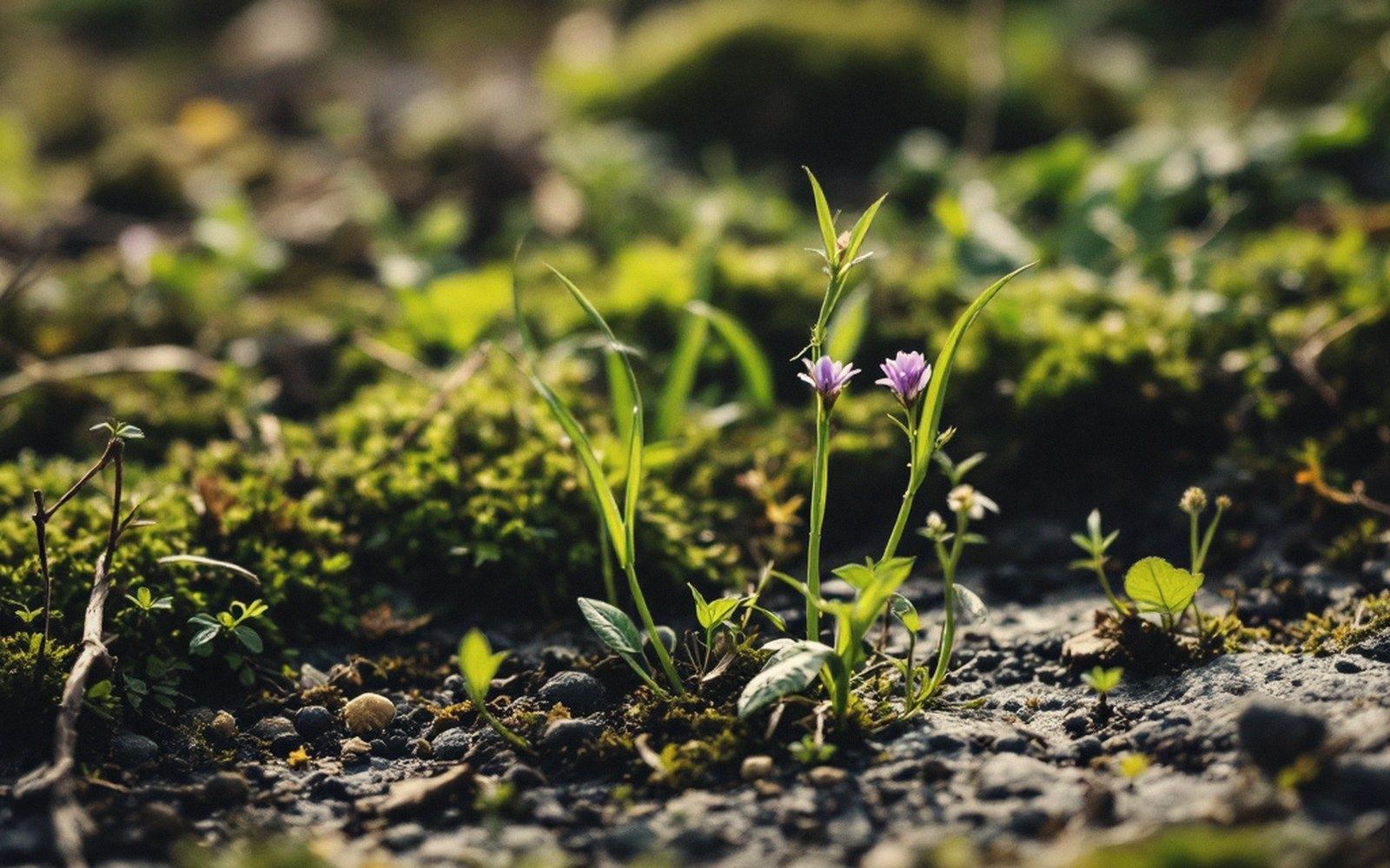 Small purple flowers growing from mossy, rocky ground with sparse grass blades