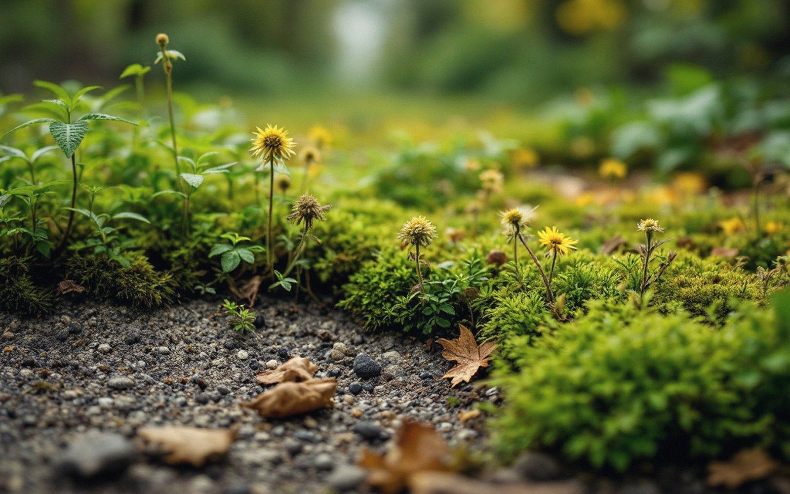 Small yellow wildflowers and moss growing along a gravel path edge