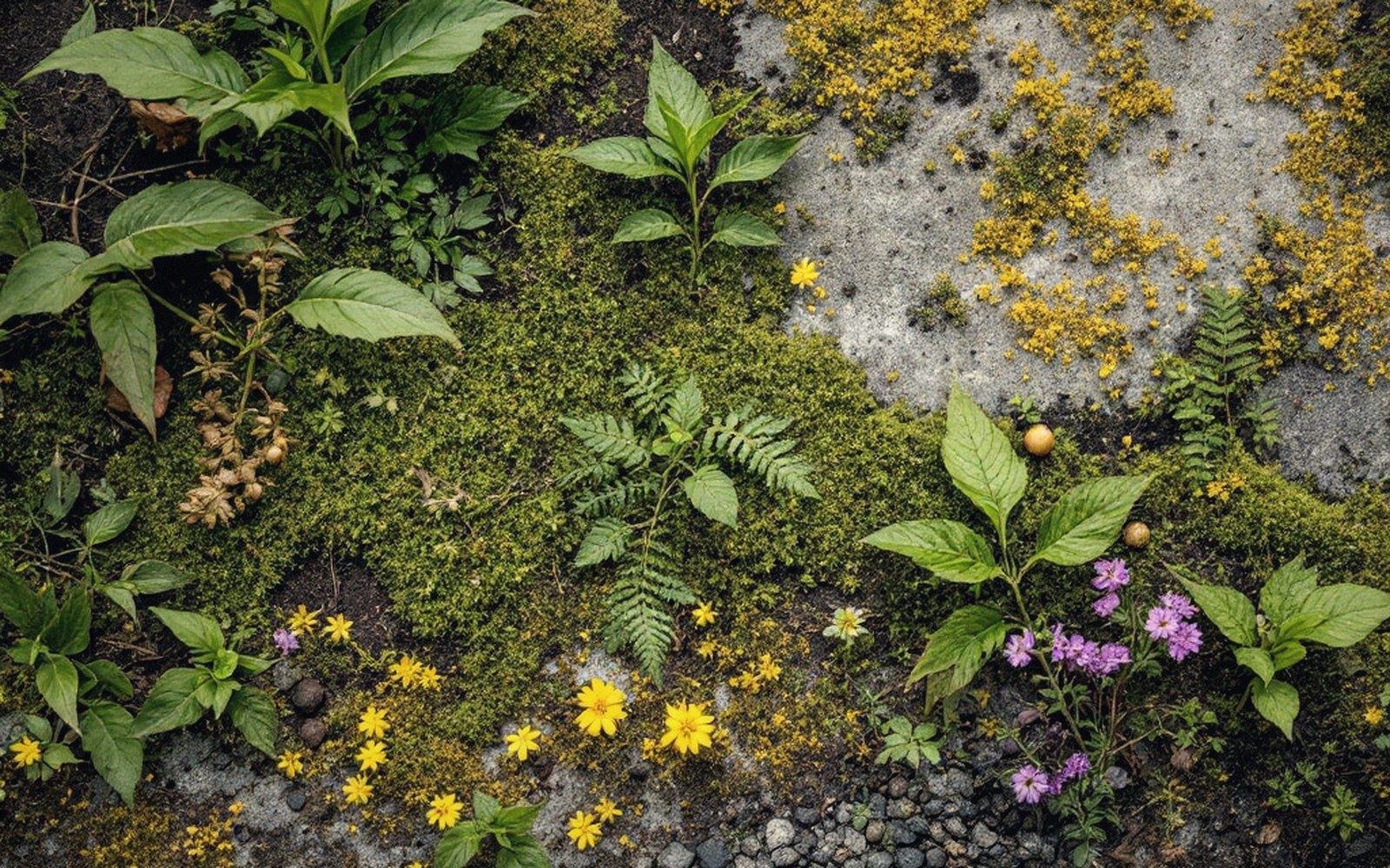 Moss, ferns and small yellow and purple flowers growing between rock and soil
