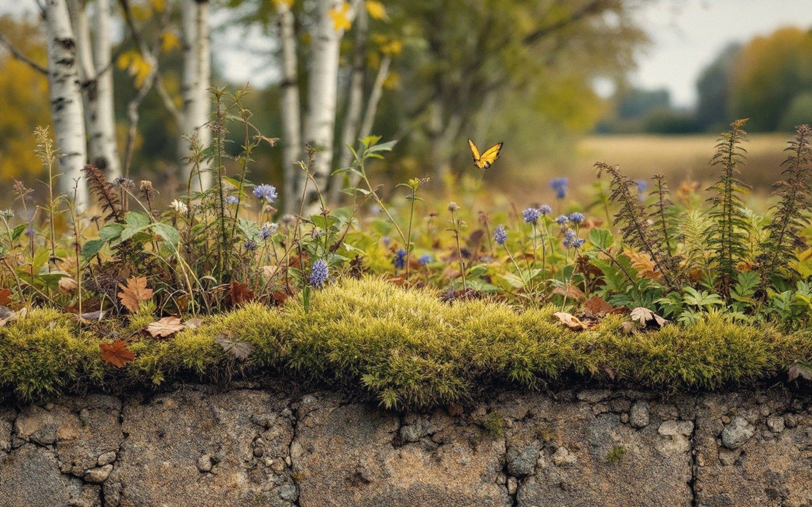 Moss and wildflowers grow atop a stone wall as a yellow butterfly hovers nearby