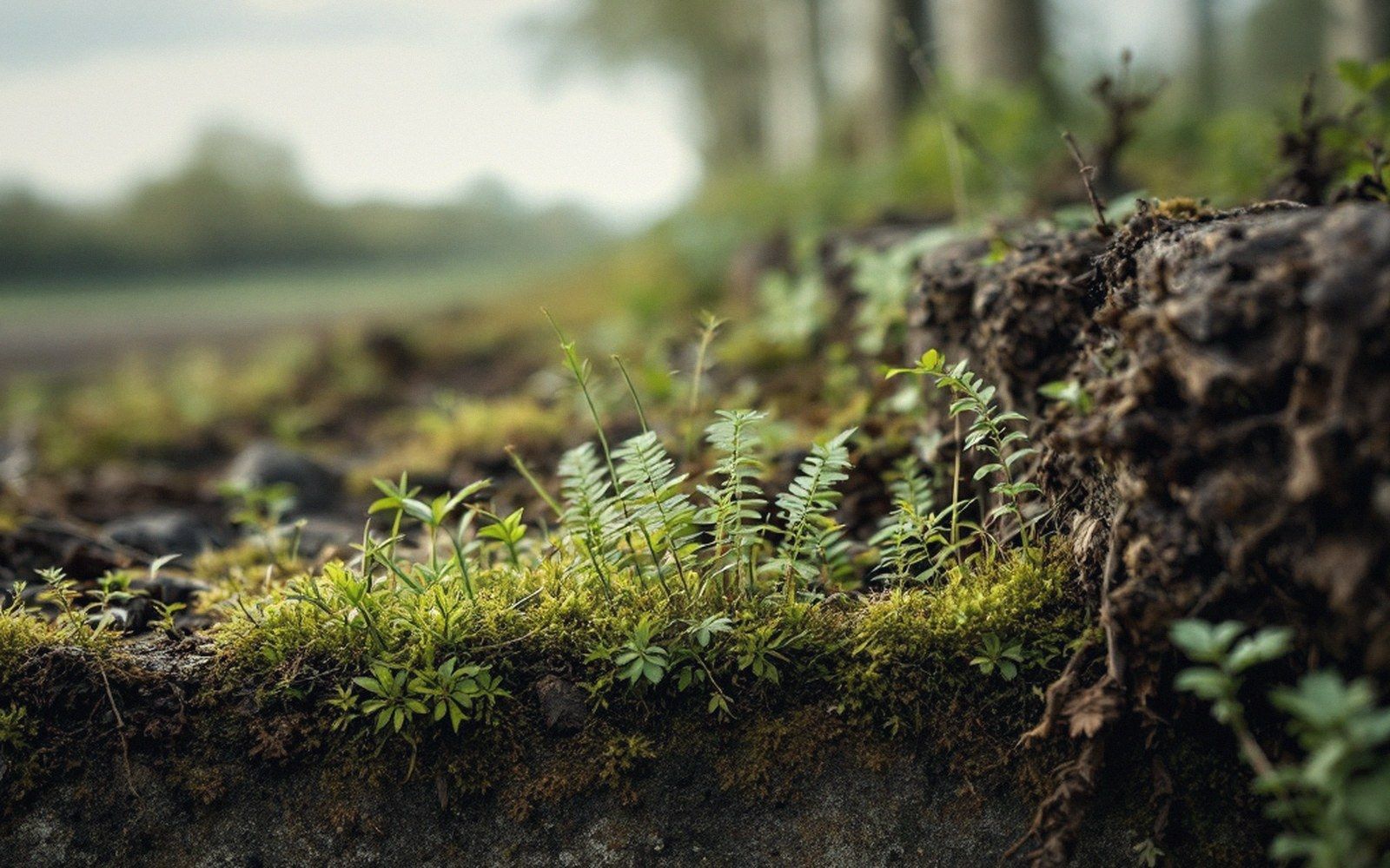 Small ferns and moss growing along the edge of a soil-covered bank