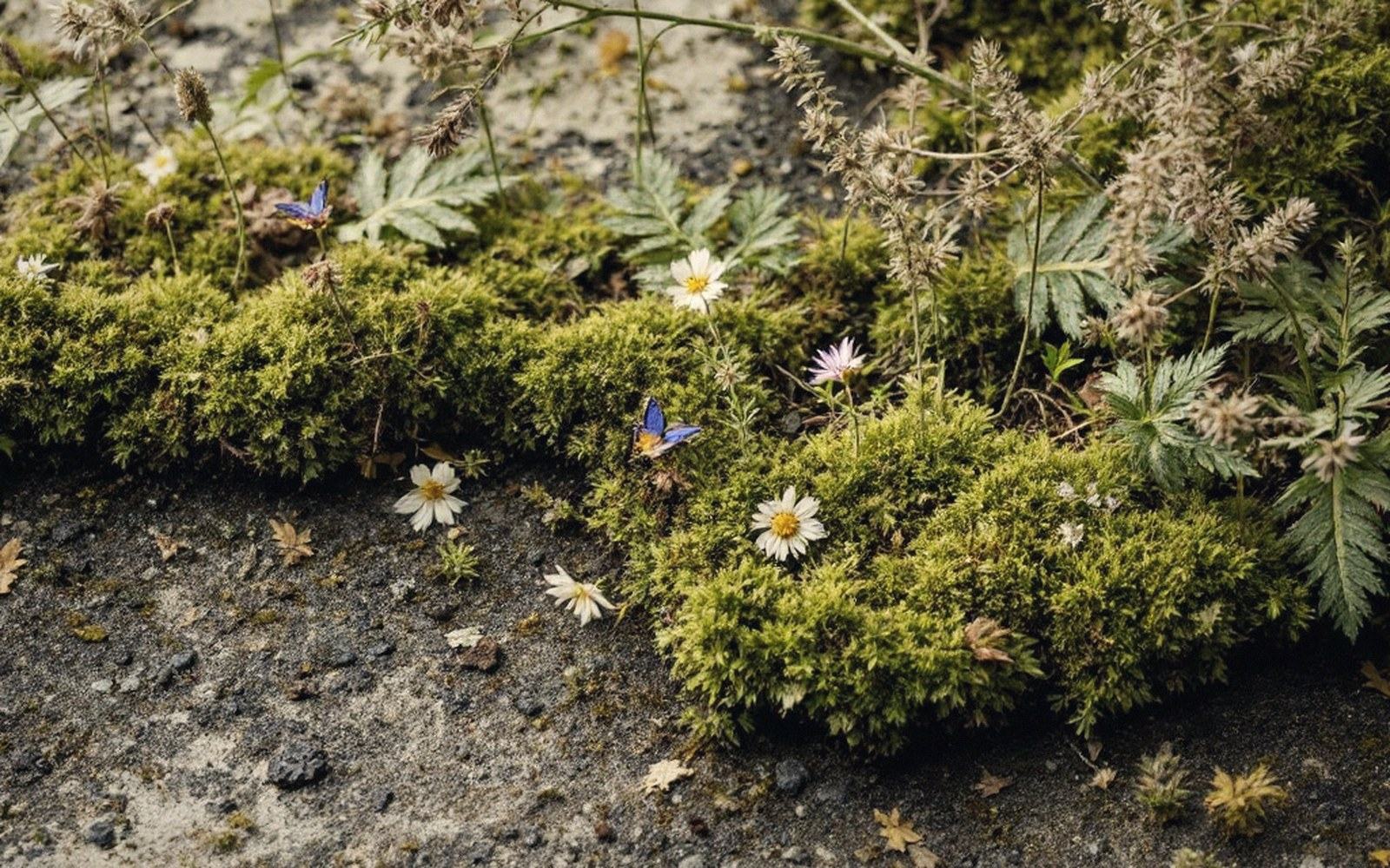 Small white daisies and blue flowers scattered across moss-covered stones and rock