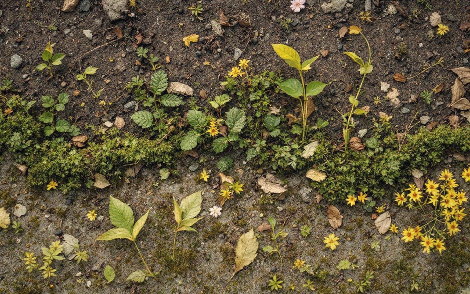 Small weeds and yellow flowers sprouting along a mossy crack in bare soil