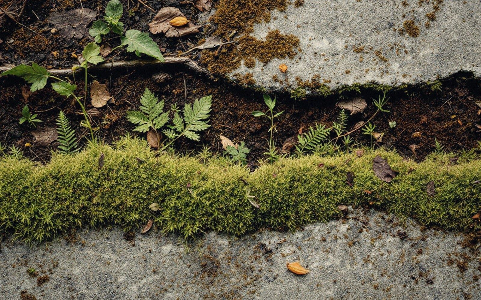 Moss and small fern seedlings sprouting from soil in a cracked stone crevice