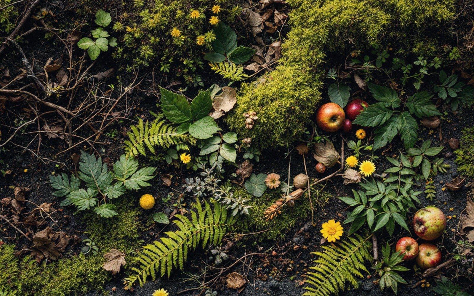 Fallen apples, ferns, moss and yellow flowers scattered across dark forest soil