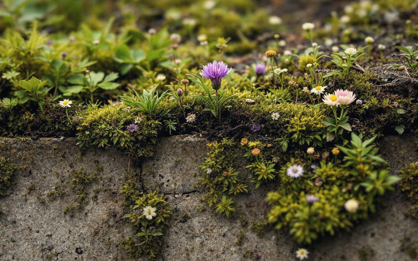 Small purple and white wildflowers grow among moss atop a stone wall