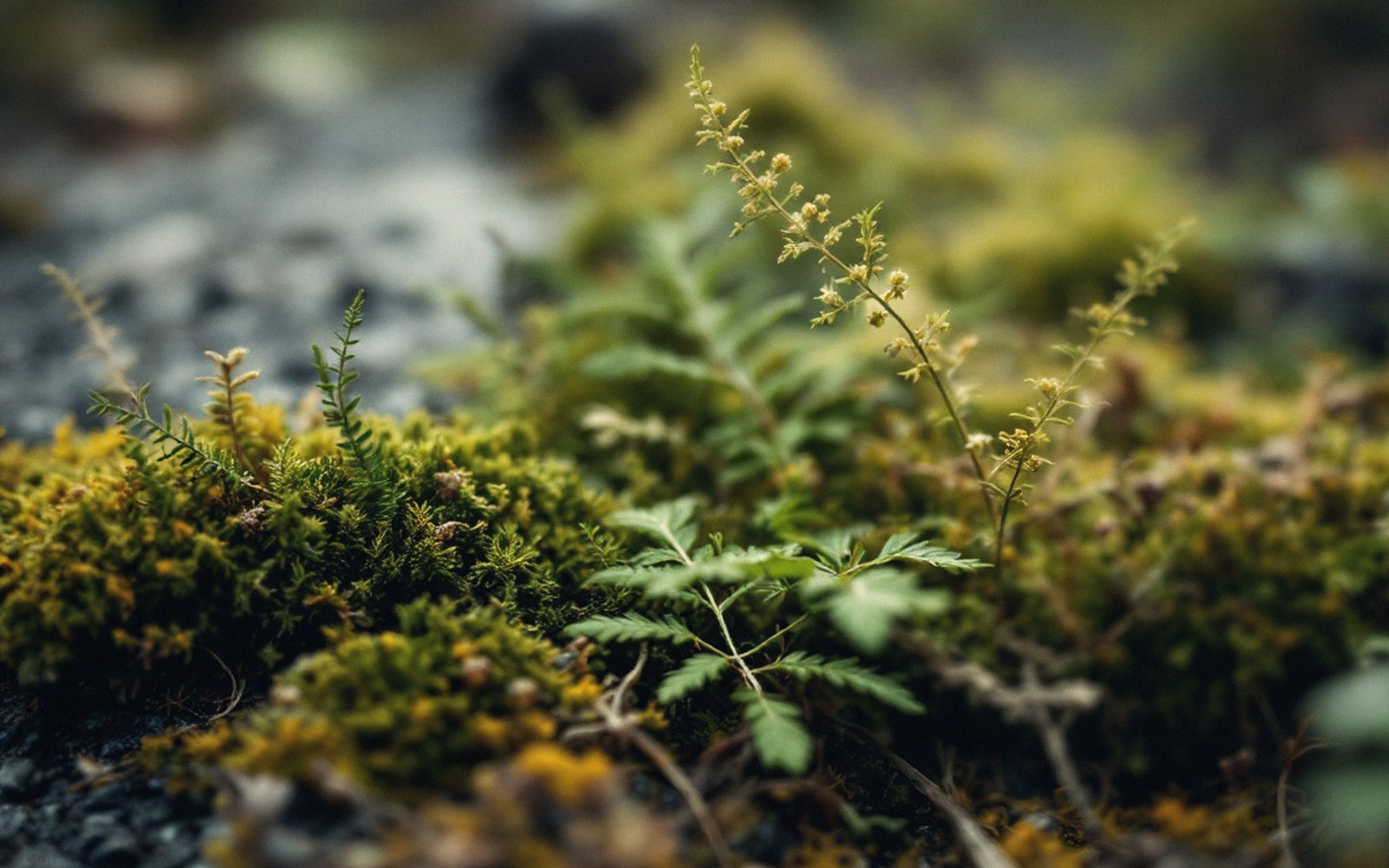 Small fern seedling sprouting from a bed of moss on rocky ground