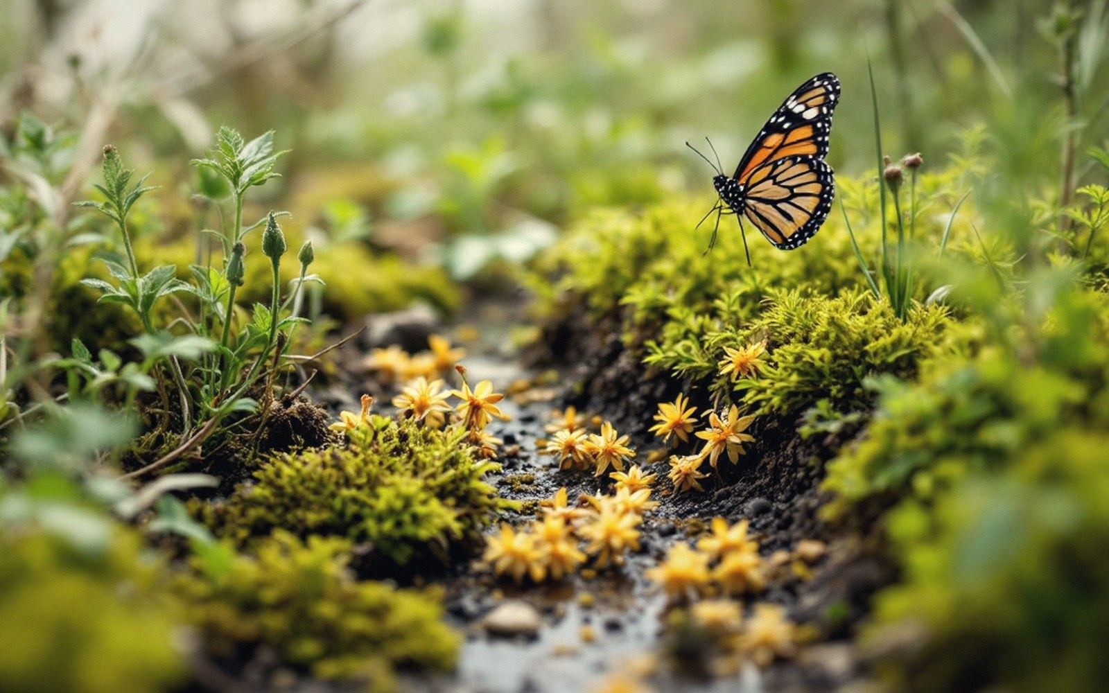 A monarch butterfly rests among moss and small yellow flowers along a damp path