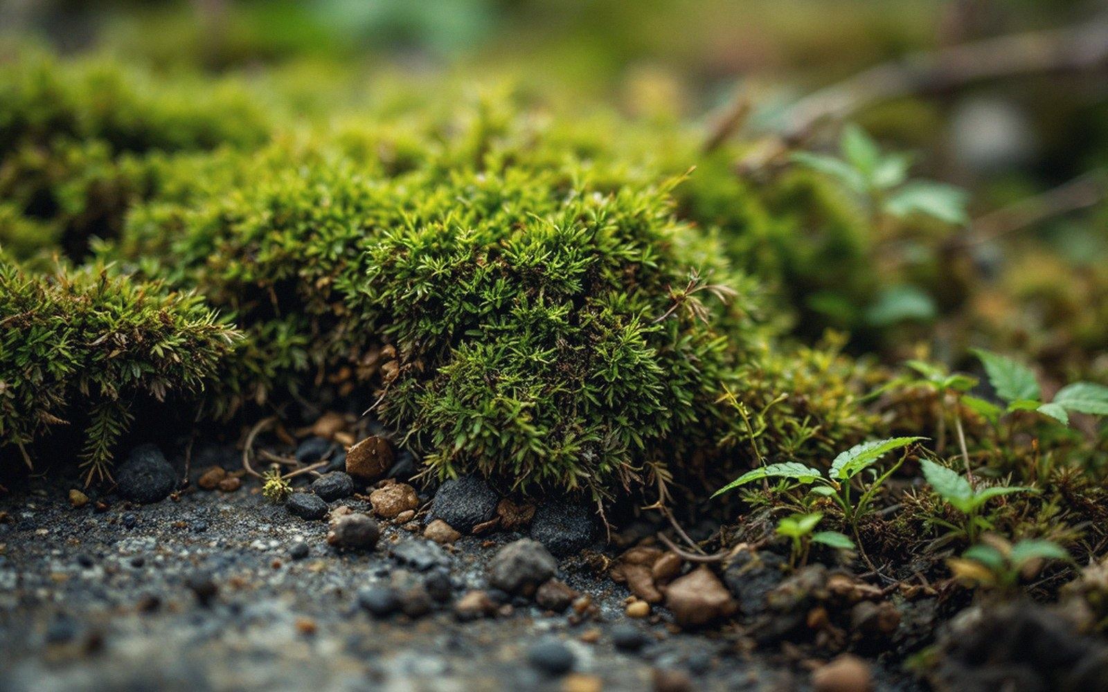 Close-up of dense green moss growing beside gravel and small seedlings