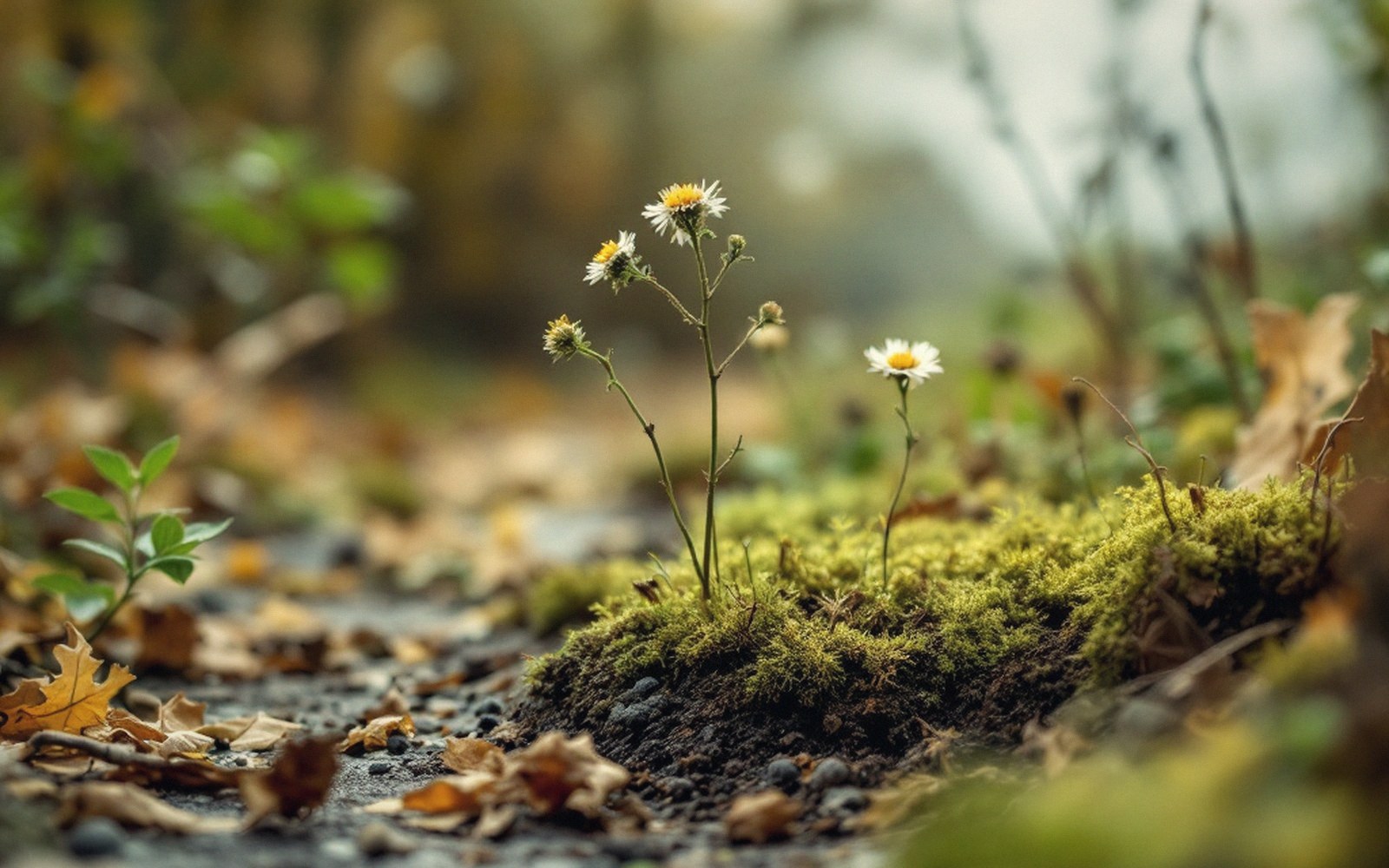 Small daisies growing from a mossy patch beside fallen autumn leaves on gravel
