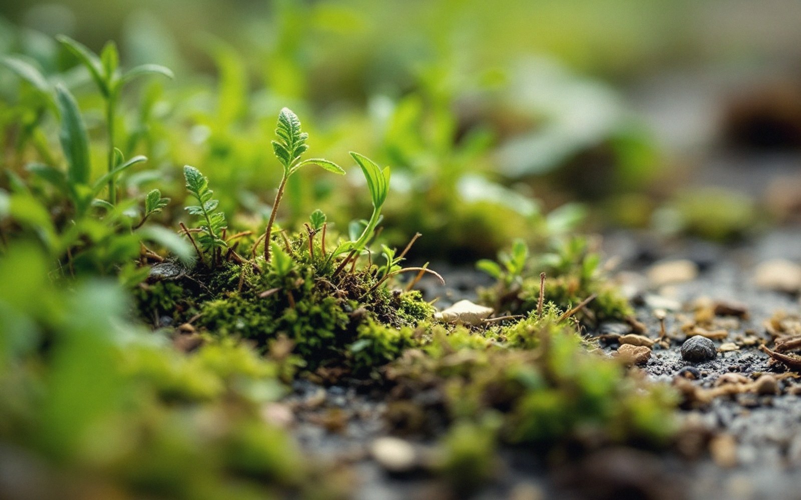 Small seedlings and moss sprout from a patch of soil amid gravel
